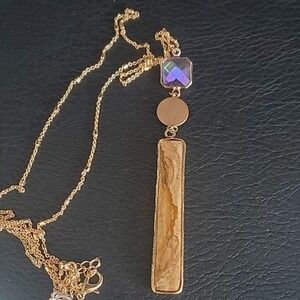 Meghan Browne Gold Tone Picture Jasper Iridescent Stone Bar Pendant Necklace NEW